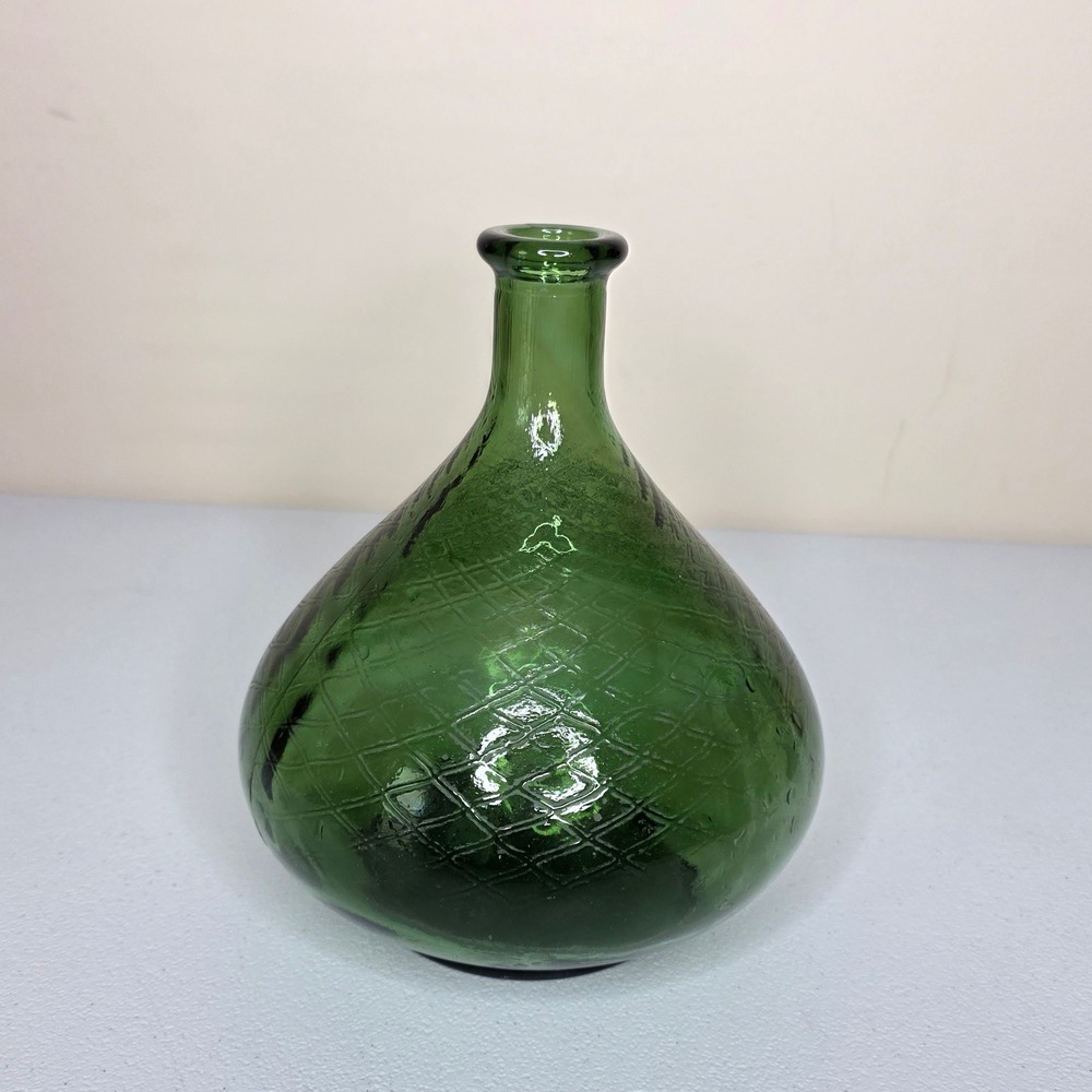 Vintage 70s Glass Green Diamond Quilted Textured Round Bottle Boho Retro